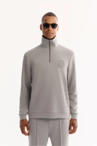 Avva Men's Gray Stand-up Collar Zippered Soft Touch Printed Regular Fit Sweatshirt