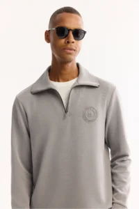 Avva Men's Gray Stand-up Collar Zippered Soft Touch Printed Regular Fit Sweatshirt - Image 7