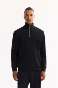 Avva Men's Black Stand-up Collar Zippered Soft Touch Printed Regular Fit Sweatshirt