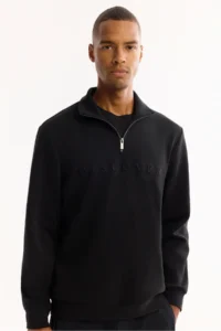 Avva Men's Black Stand-up Collar Zippered Soft Touch Printed Regular Fit Sweatshirt - Image 2