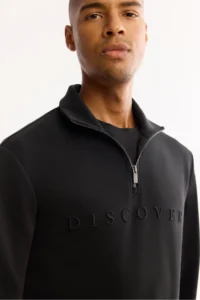 Avva Men's Black Stand-up Collar Zippered Soft Touch Printed Regular Fit Sweatshirt - Image 3
