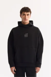 Avva Men's Black Hooded Collar Easy-Iron Bi-Stretch Printed Oversize Fit Sweatshirt