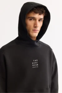 Avva Men's Black Hooded Collar Easy-Iron Bi-Stretch Printed Oversize Fit Sweatshirt - Image 2
