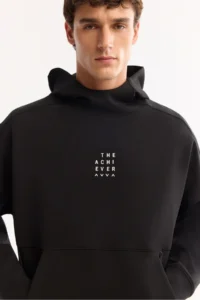 Avva Men's Black Hooded Collar Easy-Iron Bi-Stretch Printed Oversize Fit Sweatshirt - Image 5