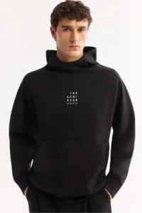 Avva Men's Black Hooded Collar Easy-Iron Bi-Stretch Printed Oversize Fit Sweatshirt - Image 7