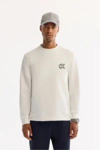 Avva Men's Ecru Crew Neck Cotton Bi-Stretch Basic Regular Fit Sweatshirt
