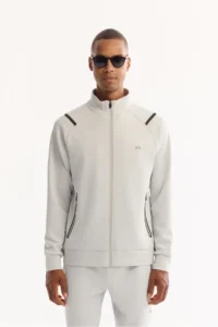 Avva Men's Light Gray Stand-up Collar Zippered Bi-Stretch Technical Fabric Regular Fit Sweatshirt