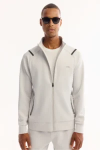 Avva Men's Light Gray Stand-up Collar Zippered Bi-Stretch Technical Fabric Regular Fit Sweatshirt - Image 5