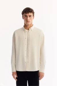 Avva Men's Ecru Button Collar Cotton Soft Touch Regular Fit Shirt