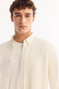 Avva Men's Ecru Button Collar Cotton Soft Touch Regular Fit Shirt - Image 8