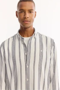 Avva Men's Navy Blue Button Collar Soft Touch Striped Comfort Fit Shirt - Image 5