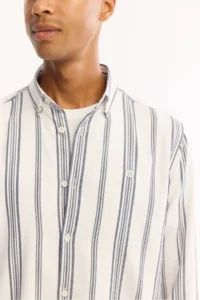 Avva Men's Navy Blue Button Collar Soft Touch Striped Comfort Fit Shirt - Image 8