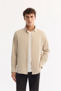 Avva Men's Beige Button Collar Soft Touch Regular Fit Shirt