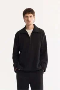 Avva Men's Black Half-Zipper Easy-Iron Bi-Stretch Comfort Fit Sweatshirt