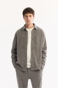 Avva Men's Gray Classic Collar Velvet Comfort Fit Shirt Jacket