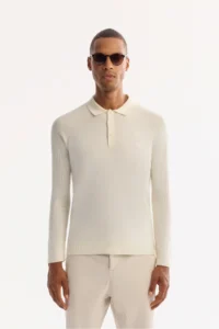 Avva Men's Ecru Polo Collar Buttoned Soft Touch Textured Knitwear Regular Fit Sweater