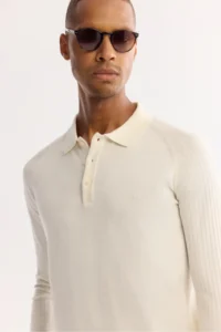 Avva Men's Ecru Polo Collar Buttoned Soft Touch Textured Knitwear Regular Fit Sweater - Image 2