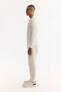 Avva Men's Ecru Polo Collar Buttoned Soft Touch Textured Knitwear Regular Fit Sweater - Image 3