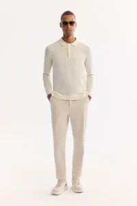 Avva Men's Ecru Polo Collar Buttoned Soft Touch Textured Knitwear Regular Fit Sweater - Image 5