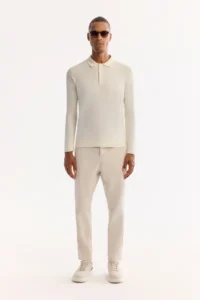 Avva Men's Ecru Polo Collar Buttoned Soft Touch Textured Knitwear Regular Fit Sweater - Image 6