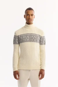 Avva Men's Ecru Turtleneck Soft Touch Patterned Knitwear Regular Fit Sweater