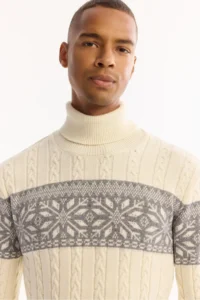 Avva Men's Ecru Turtleneck Soft Touch Patterned Knitwear Regular Fit Sweater - Image 2