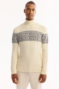 Avva Men's Ecru Turtleneck Soft Touch Patterned Knitwear Regular Fit Sweater - Image 5