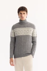 Avva Men's Gray Turtleneck Soft Touch Patterned Knitwear Regular Fit Sweater