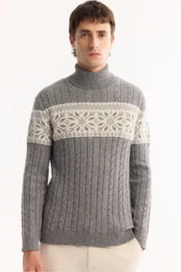 Avva Men's Gray Turtleneck Soft Touch Patterned Knitwear Regular Fit Sweater - Image 2