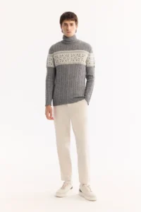 Avva Men's Gray Turtleneck Soft Touch Patterned Knitwear Regular Fit Sweater - Image 6