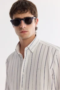Avva Men's White Bottom Collar Striped Elastane Regular Fit Shirt - Image 2