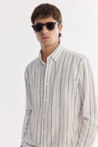 Avva Men's White Bottom Collar Striped Elastane Regular Fit Shirt - Image 6