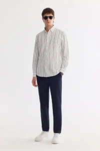 Avva Men's White Bottom Collar Striped Elastane Regular Fit Shirt - Image 7
