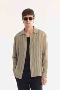 Avva Men's Light Khaki Wide Collar Breathable Comfort Fit Shirt - Image 3