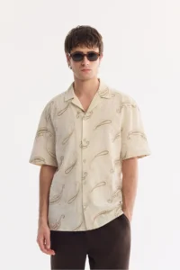 Avva Men's Beige Embroidery Collar Linen Blend Soft Touch Short Sleeve Comfort Fit Shirt