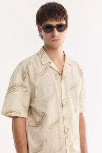 Avva Men's Beige Embroidery Collar Linen Blend Soft Touch Short Sleeve Comfort Fit Shirt - Image 2