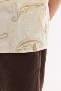 Avva Men's Beige Embroidery Collar Linen Blend Soft Touch Short Sleeve Comfort Fit Shirt - Image 3