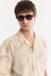 Avva Men's Beige Embroidery Collar Linen Blend Soft Touch Short Sleeve Comfort Fit Shirt - Image 6