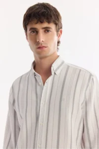 Avva Men's Gray Bottom Collar Striped Textured Elastane Regular Fit Shirt - Image 2