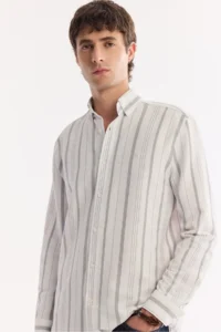 Avva Men's Gray Bottom Collar Striped Textured Elastane Regular Fit Shirt - Image 5