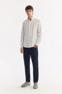 Avva Men's Gray Bottom Collar Striped Textured Elastane Regular Fit Shirt - Image 6