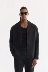 Avva Men's Black Open Collar Breathable 100% Linen Comfort Fit Shirt Jacket - Image 2