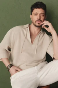 Avva Men's Stone V-Neck Cotton Linen Blended Short Sleeve Comfort Fit Shirt