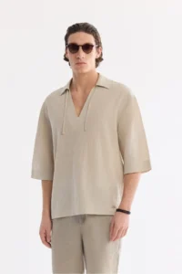 Avva Men's Stone V-Neck Cotton Linen Blended Short Sleeve Comfort Fit Shirt - Image 3