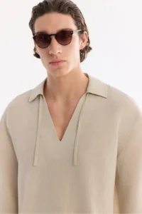 Avva Men's Stone V-Neck Cotton Linen Blended Short Sleeve Comfort Fit Shirt - Image 4