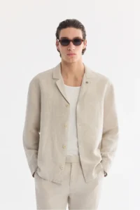 Avva Men's Beige Embroidery Collar 100% Linen Breathable Comfort Fit Shirt Jacket - Image 2