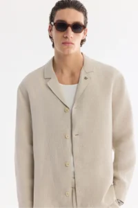Avva Men's Beige Embroidery Collar 100% Linen Breathable Comfort Fit Shirt Jacket - Image 7