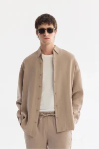 Avva Men's Beige Bottom Collar Breathable Modal Blend Soft Touch Oversize Fit Shirt