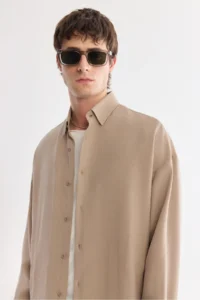 Avva Men's Beige Bottom Collar Breathable Modal Blend Soft Touch Oversize Fit Shirt - Image 2
