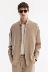 Avva Men's Beige Bottom Collar Breathable Modal Blend Soft Touch Oversize Fit Shirt - Image 5